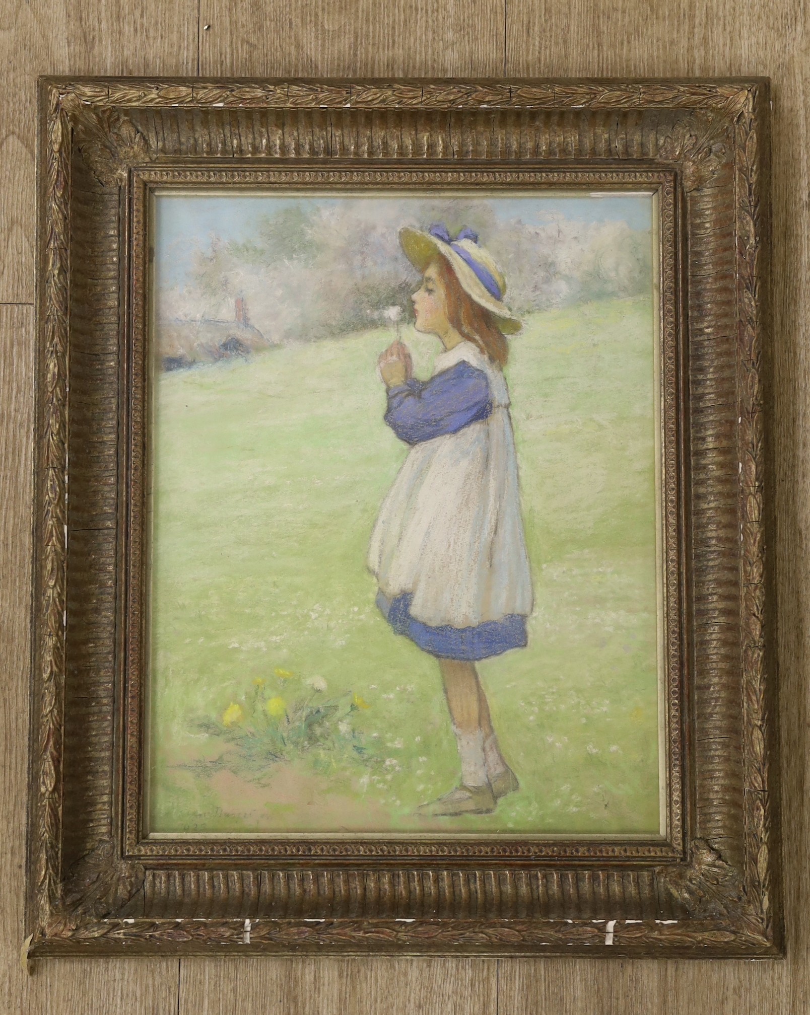 Margetson, pastel, Girl blowing a dandelion, signed and dated 1923, 37 x 29cm